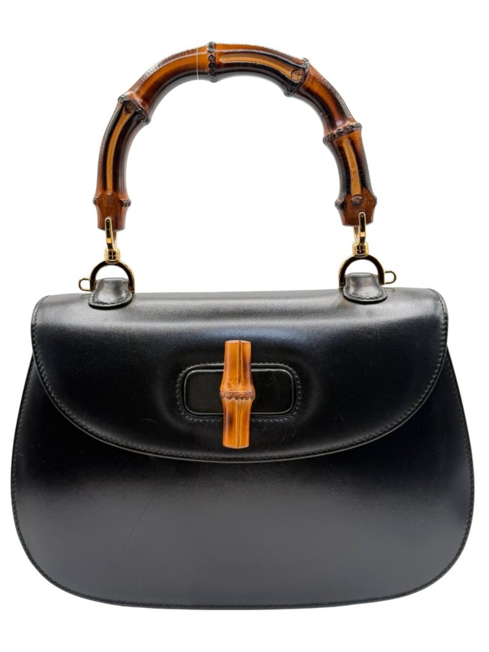 Vintage GUCCI Box Leather Bamboo Top Handle Bag with Strap